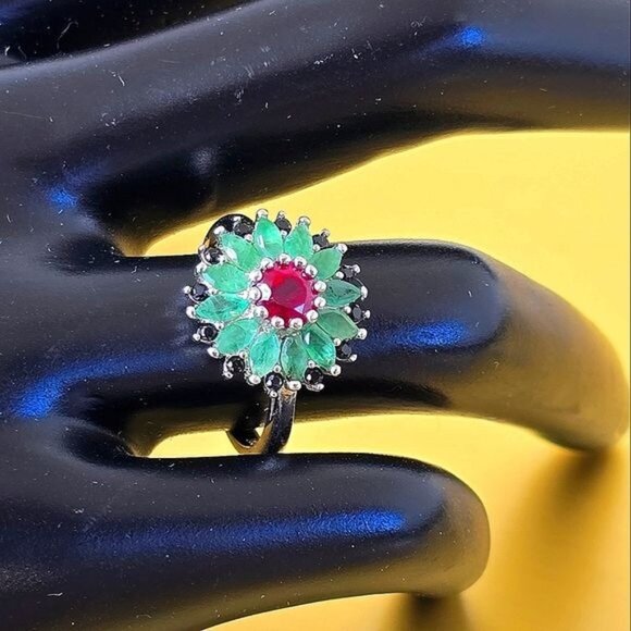 Natural Ruby, Emerald & Black Spinel 925 Sterling Silver Ring - Picture 10 of 10